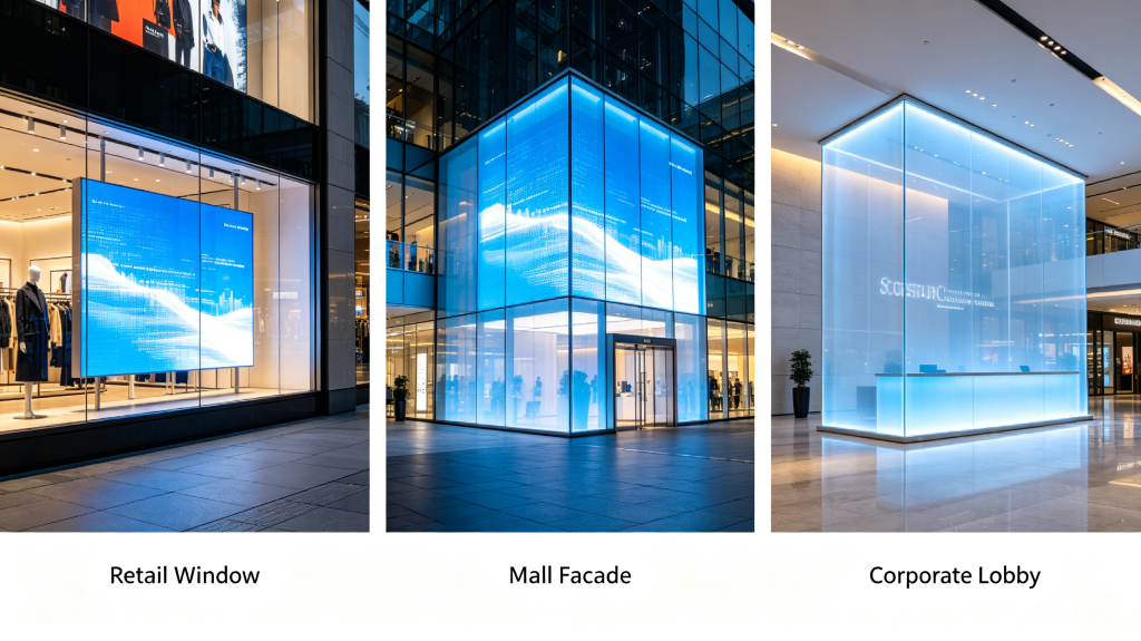 Translucent LED screen applications: retail window, mall glass facade, corporate lobby display