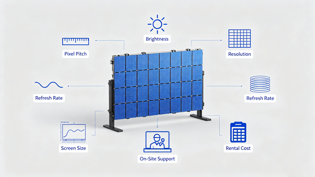 7 key factors for renting LED display screen: pixel pitch, brightness, resolution, refresh rate, screen size, on-site support, rental cost