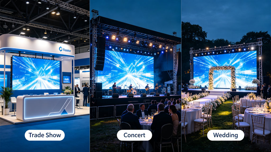 Rental LED display screen applications: trade show, concert, wedding and corporate event