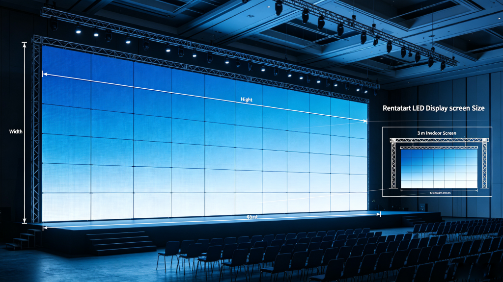 Rental LED display screen size and configuration for indoor and outdoor events