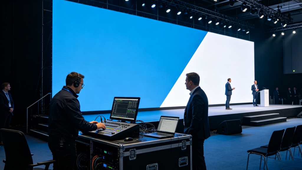 On-site technicians supporting rental LED display screen during live corporate event