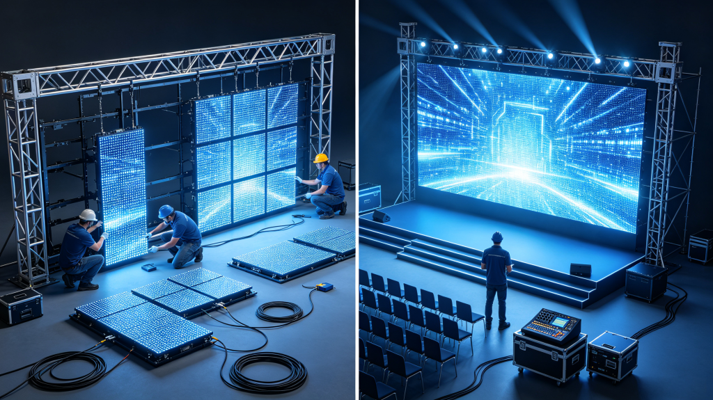 Technicians assembling modular rental LED display screen for temporary event use