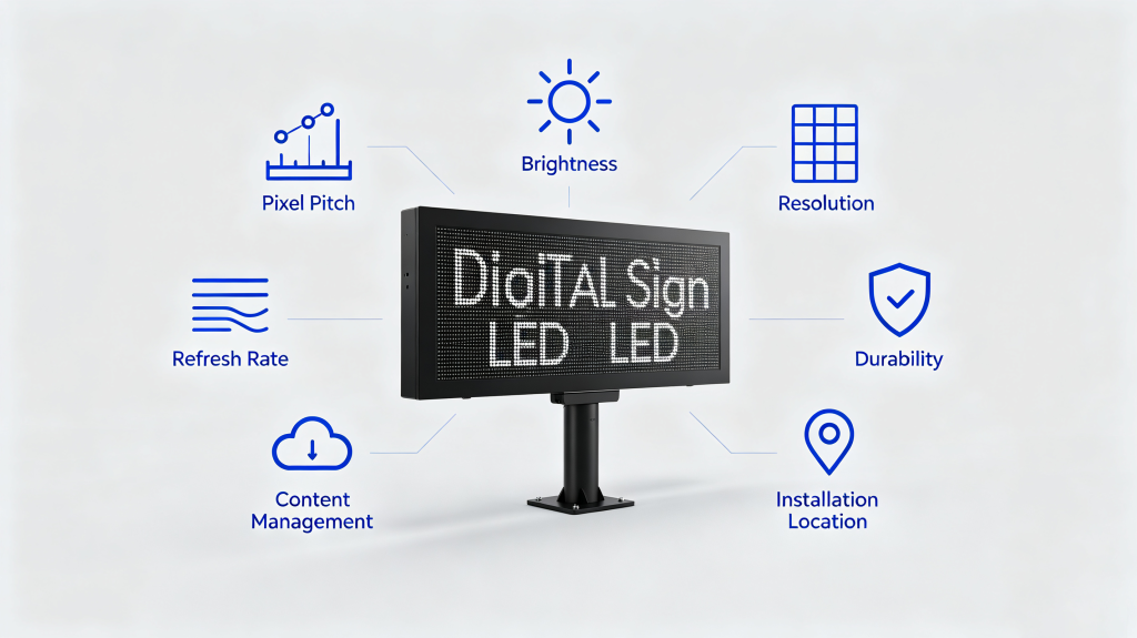 7 key buying factors for digital sign LED: pixel pitch, brightness, resolution, refresh rate, durability, content management, installation location