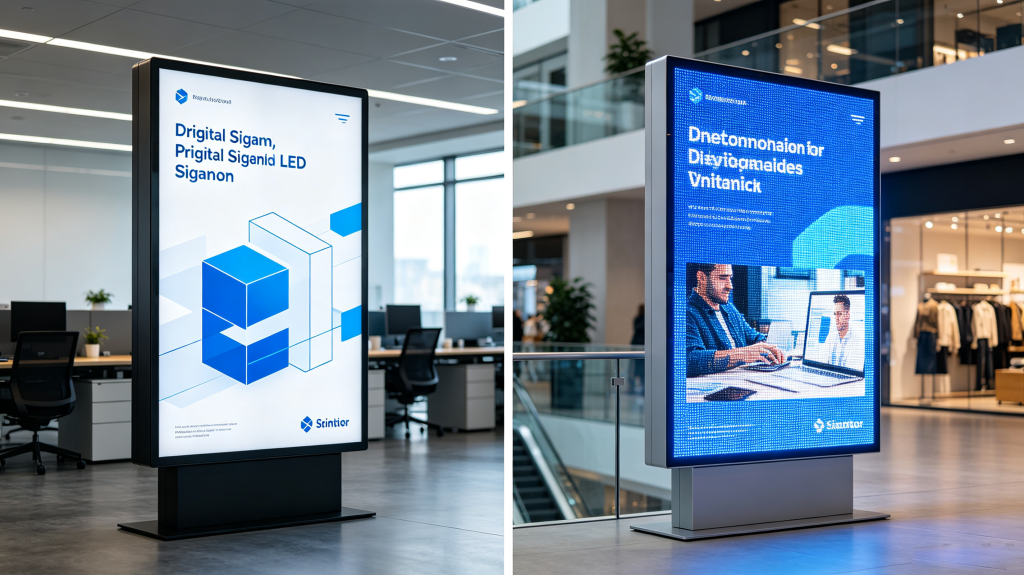 Comparison between traditional static sign and modern digital sign LED with dynamic content