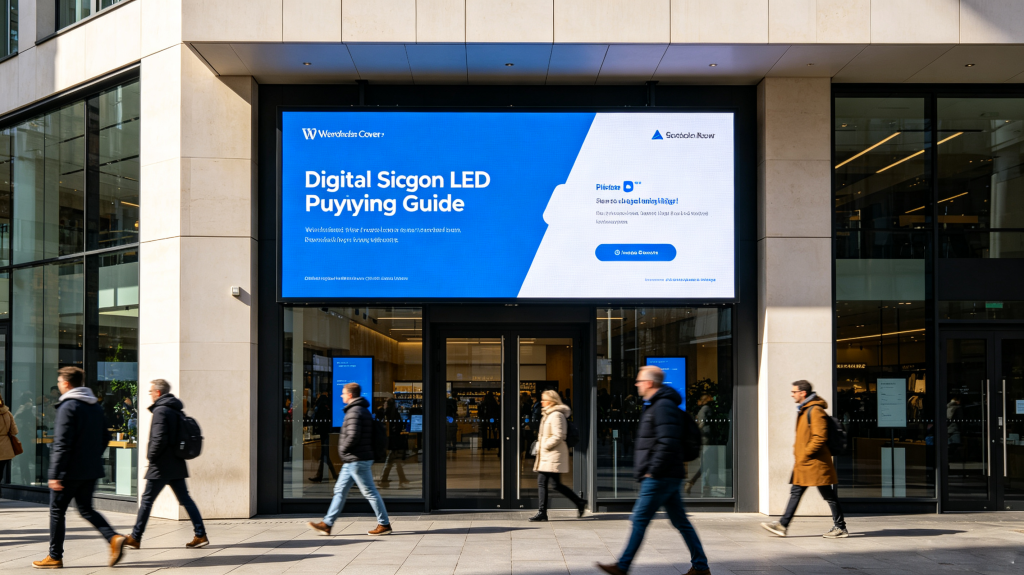 Outdoor digital sign LED installed above modern storefront with bright promotional content