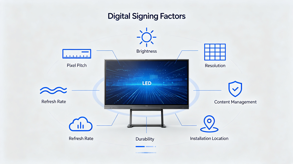 7 key buying factors for digital signage LED: pixel pitch, brightness, resolution, refresh rate, durability, content management, installation location