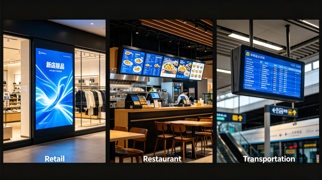 Digital signage LED applications: retail promotion, restaurant menu board and transportation display