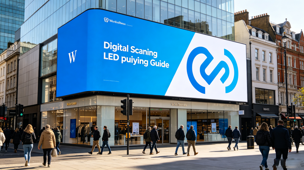 Outdoor digital signage LED above storefront displaying bright promotional content