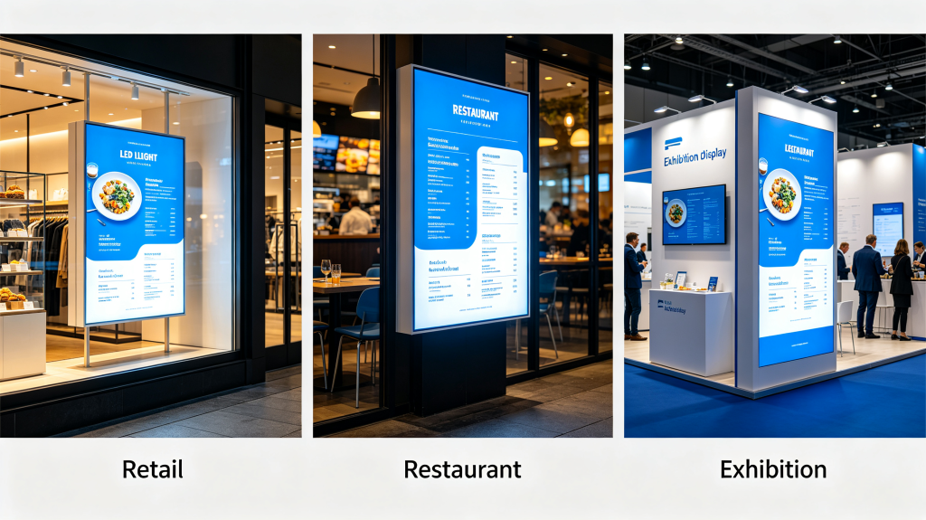 LED light display box applications: retail window, restaurant menu board and exhibition booth