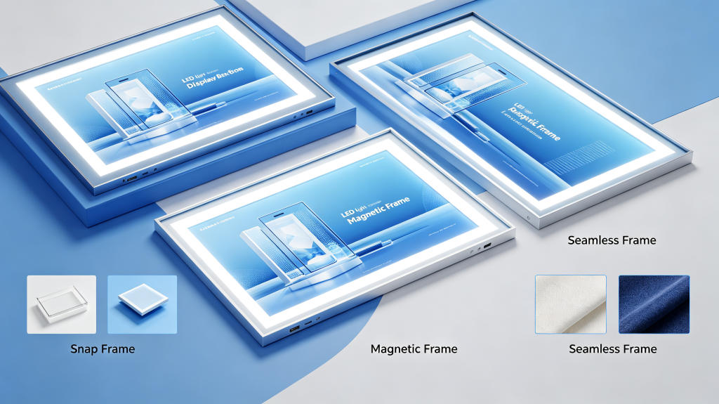 Snap frame, magnetic frame and seamless frame comparison for LED light display box