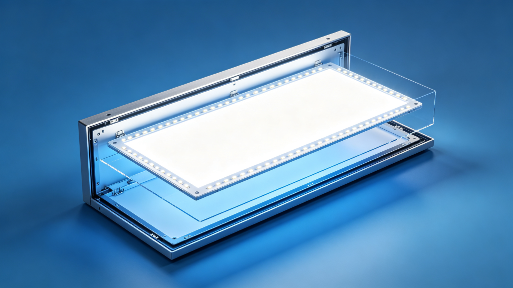 Cutaway view of LED light display box showing internal LEDs, light guide panel and frame