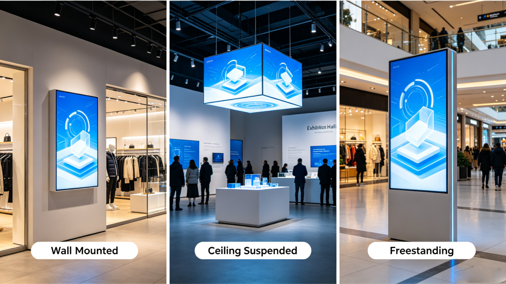 Wall mounted, ceiling suspended and freestanding installation for LED light display box