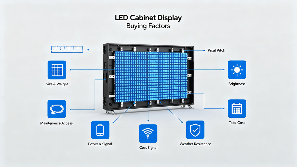 LED cabinet display front view for rental and fixed installation planning