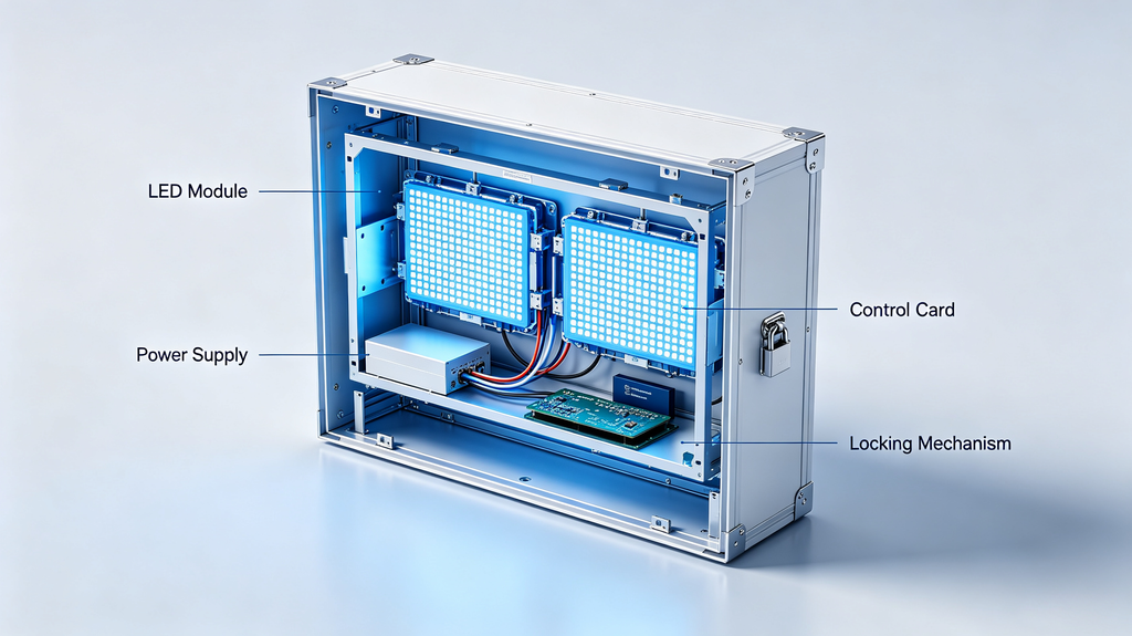LED cabinet display module alignment and service access
