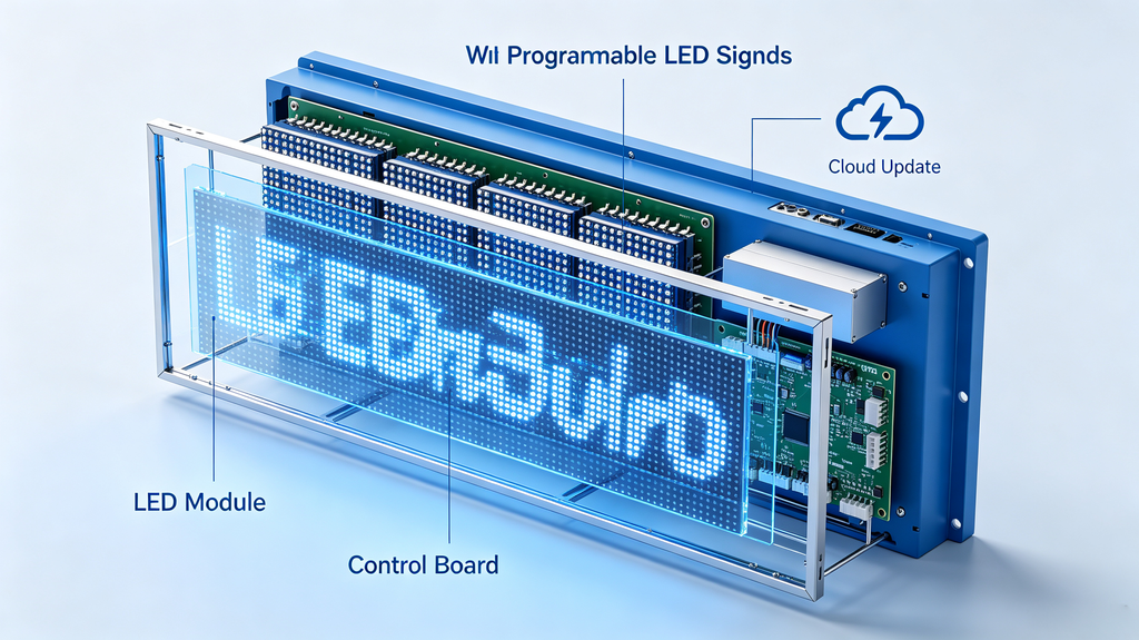 Programmable LED sign displaying dynamic advertising content for commercial business
