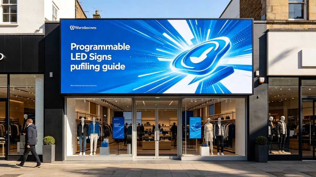 Programmable LED signs installed on retail store facade, dynamic digital business signage