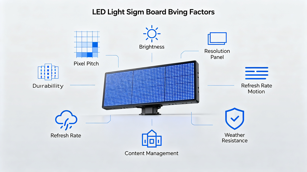 7 key buying factors for LED light sign board, pixel pitch, brightness, resolution, refresh rate, content management, durability, weather resistance