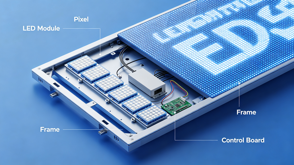 Cutaway view of LED light sign board showing LED modules, pixels and inner control board