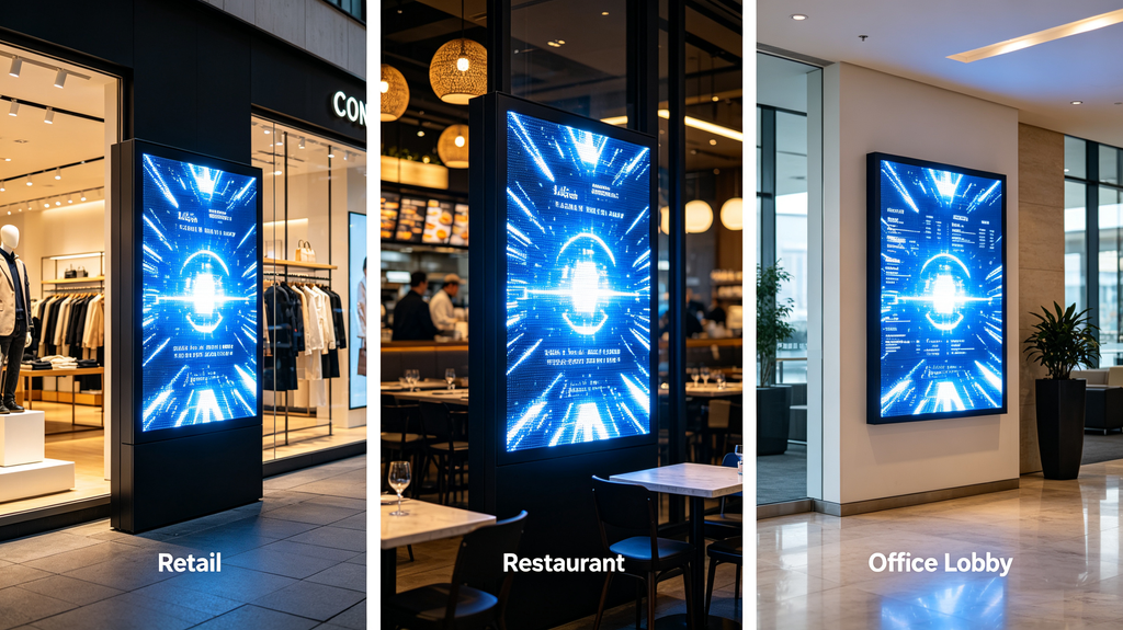 Multiple real‑world applications of LED light sign board for retail, restaurant, office lobby and mall