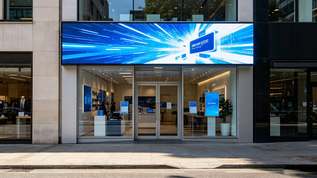 LED light sign board above modern storefront showing bright dynamic advertising content