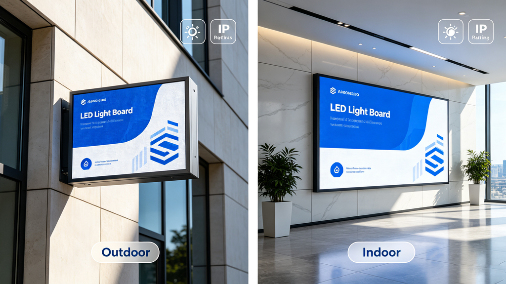 Indoor and outdoor LED light sign board compare brightness nits and IP65 weather resistance rating