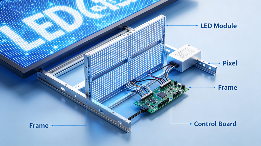 Cutaway view of LED signage light showing LED modules, pixels, frame and inner control board