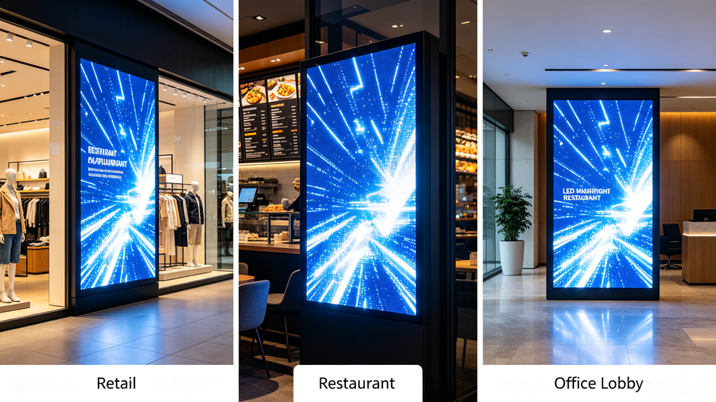 Multiple real‑world applications of LED signage light for retail, restaurant, office lobby and shopping mall
