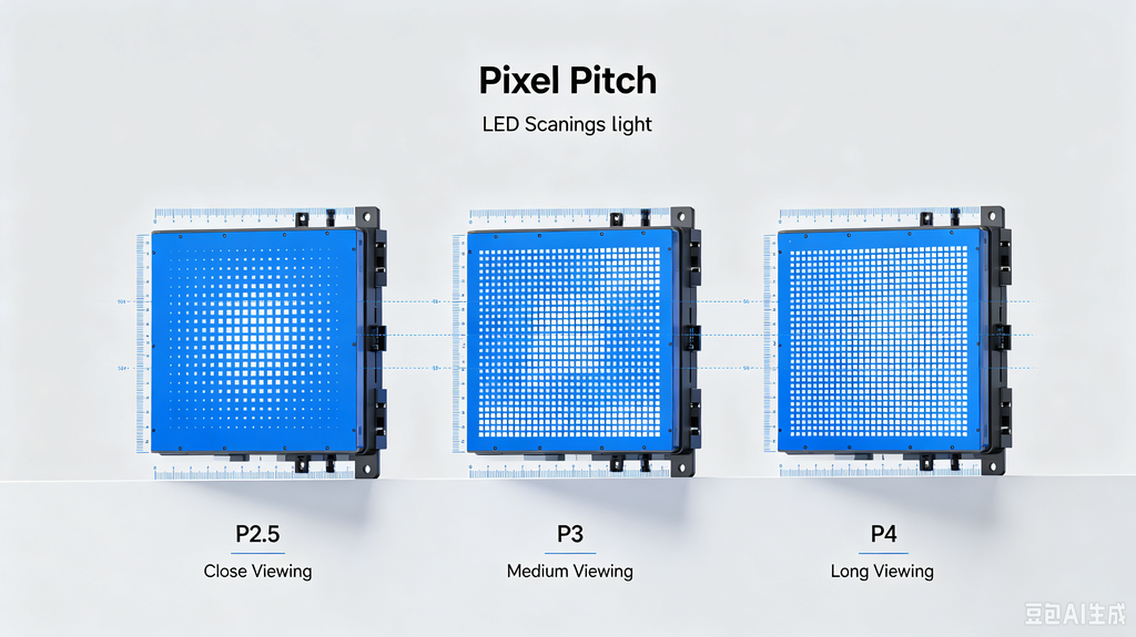 LED signage light pixel pitch diagram comparing P2.5, P3 and P4 for different viewing distances