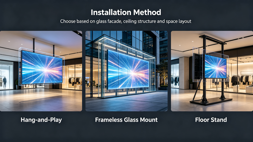 Ceiling hanging installation LED transparent screen on building glass facade