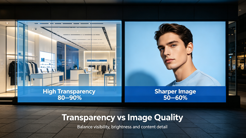 Different transparency level comparison of LED transparent display, 50% vs 80%