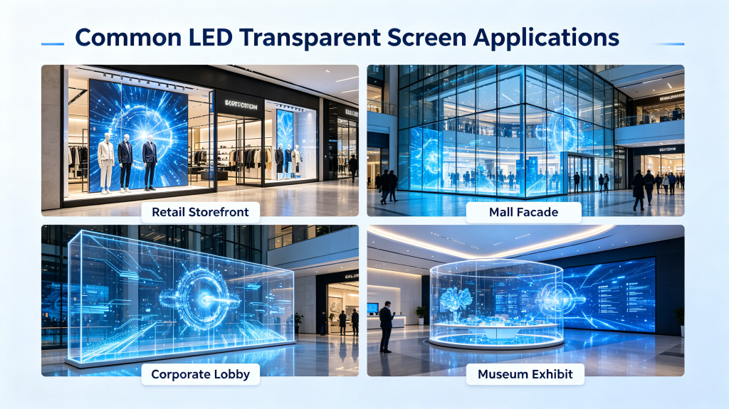 LED transparent display applications, mall facade, retail shop, office lobby installation cases