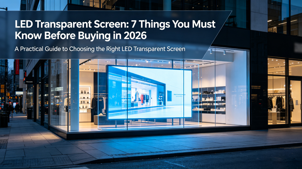 LED transparent screen installed on shopping mall glass window, transparent see-through effect for retail advertising