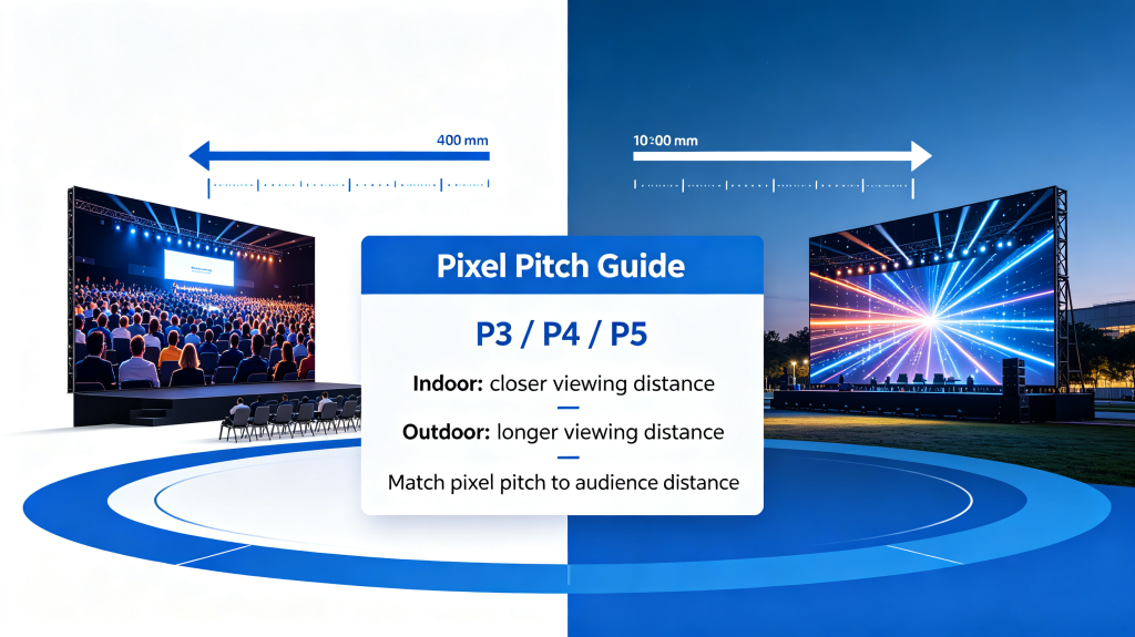 Pixel pitch guide for renting LED screen, P3 P4 P5 indoor outdoor