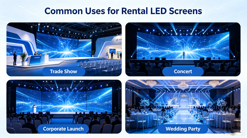 Rental LED screen uses for trade show, concert, corporate launch and wedding
