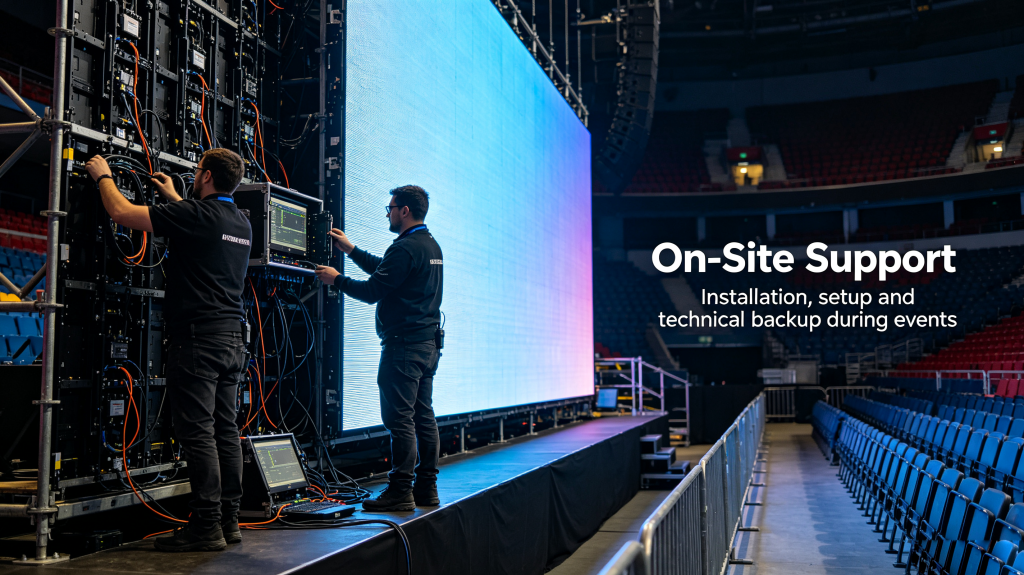 Technician installing rental LED screen at event venue