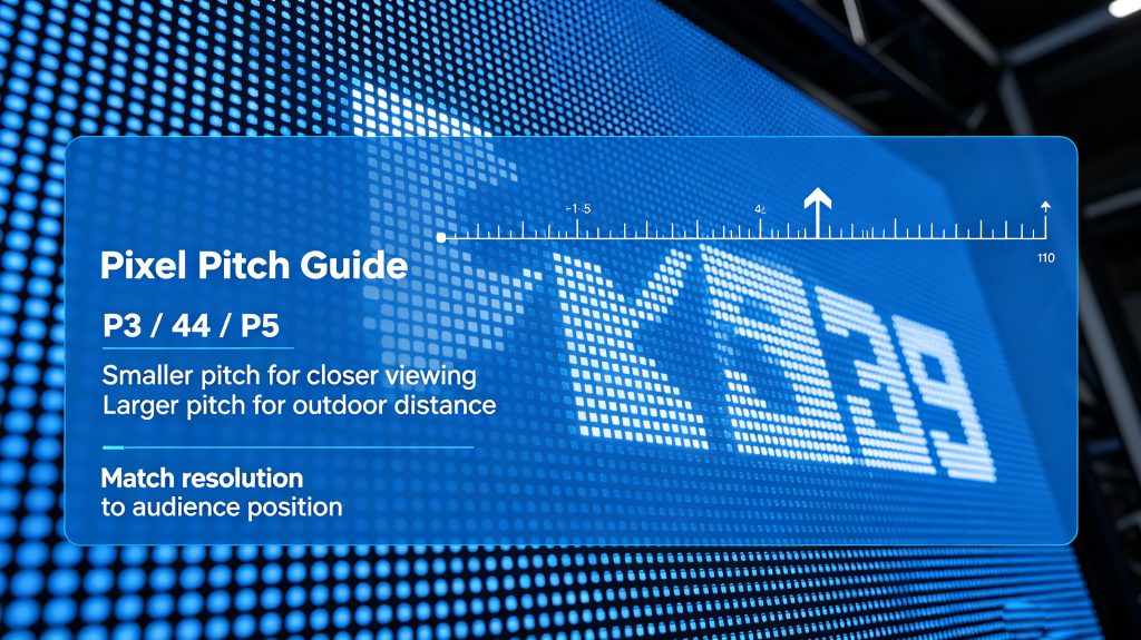 Pixel pitch guide for LED board rental, P3 P4 P5 indoor outdoor viewing distance