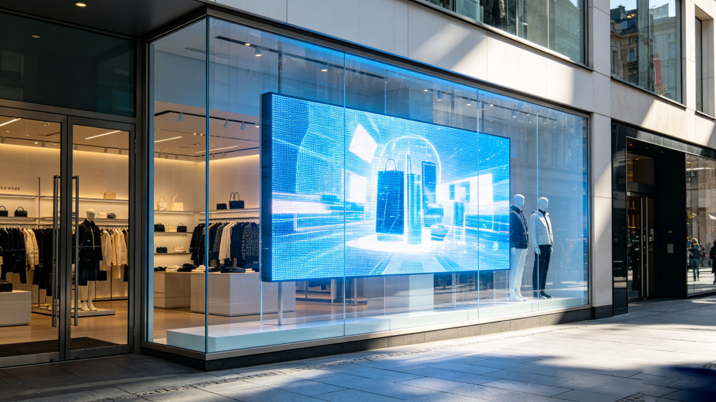 LED screen transparent installed on retail storefront glass window for advertising