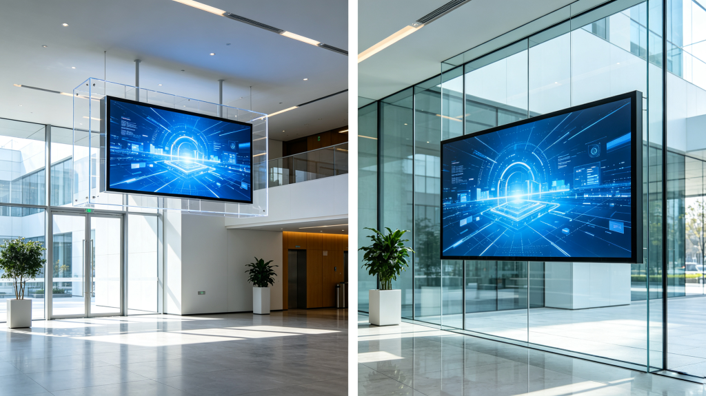 Hang-and-play and frameless glass mounting for LED screen transparent