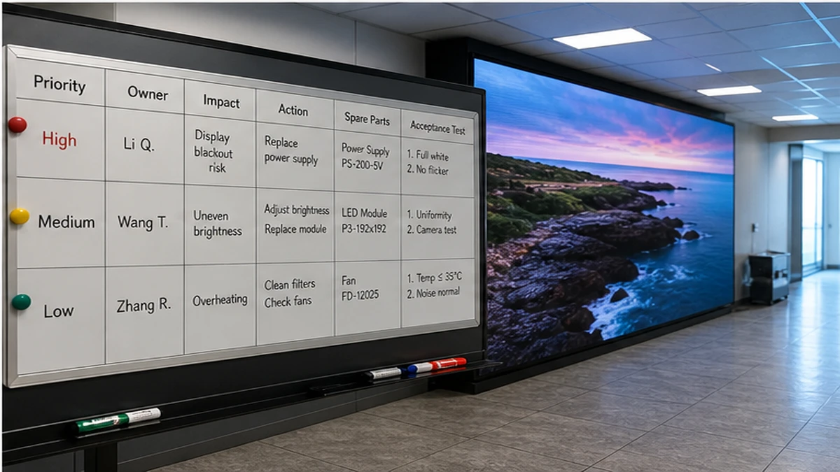 P3 LED display maintenance checklist: dead-pixel, brightness, temperature, and serial-number evidence