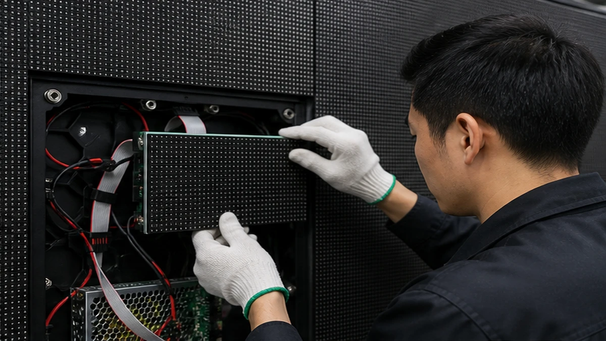 P3 LED display troubleshooting guide: opened indoor P3 LED cabinet and symptom map