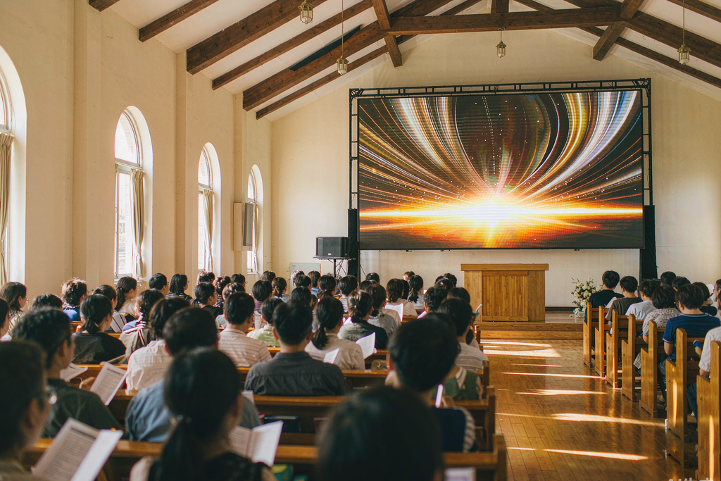 Small church sanctuary with a modest LED screen behind the wooden pulpit and a seated congregation