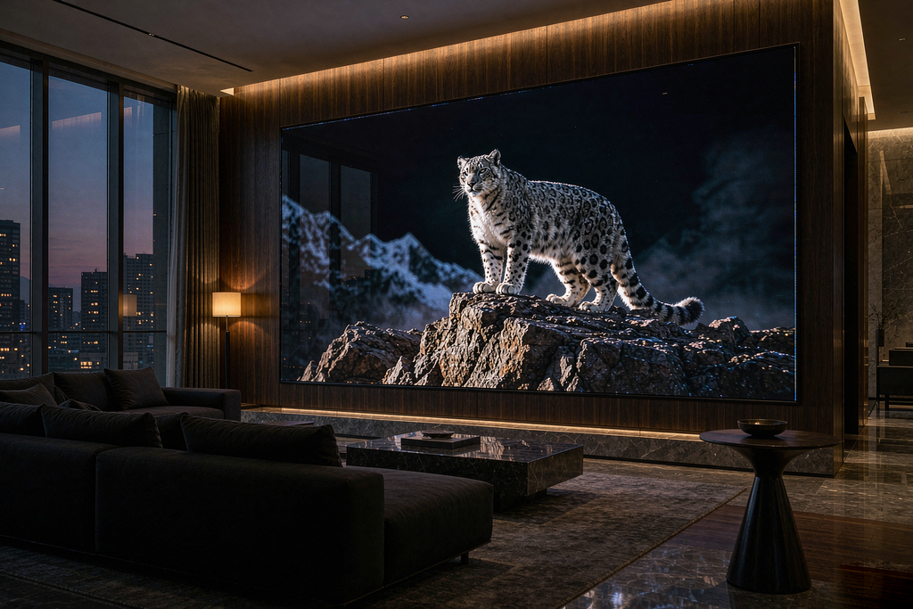 Micro LED display filling a living room wall with deep blacks and brilliant highlights in a premium home theater