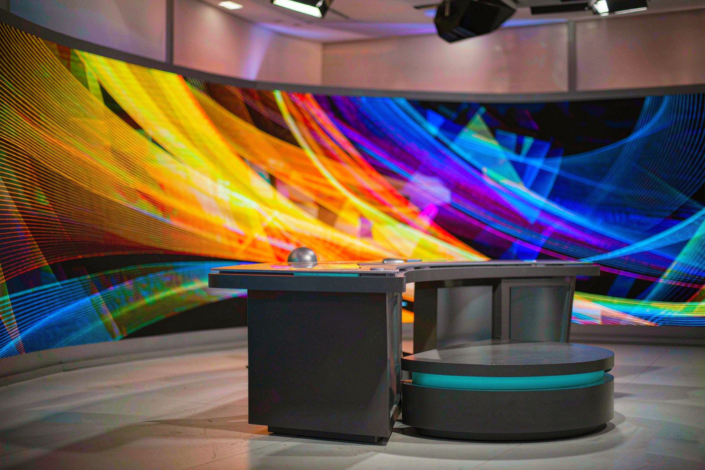 Broadcast studio LED video wall panels showing wide color gamut and high color accuracy