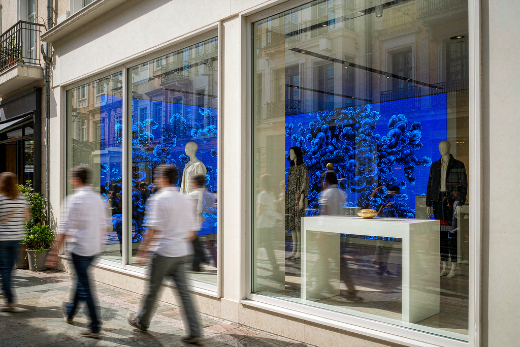 Micro LED screen behind a retail storefront glass window staying brilliantly vivid in direct daylight