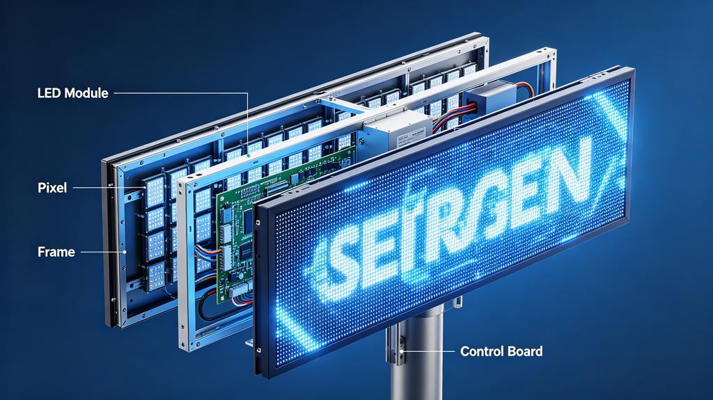 Cutaway view of signage LED board showing LED modules, pixels, frame and control board