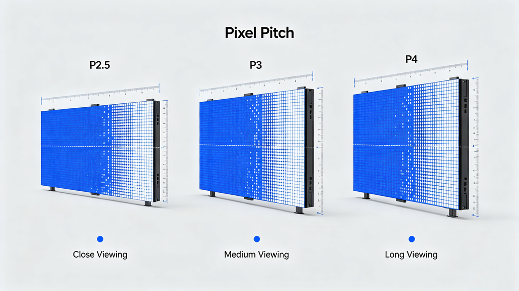 Signage LED board pixel pitch diagram comparing P2.5, P3 and P4 for different viewing distances