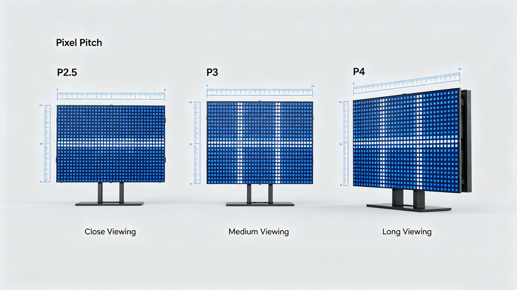 LED lit signage pixel pitch diagram comparing P2.5, P3 and P4 for different viewing distances