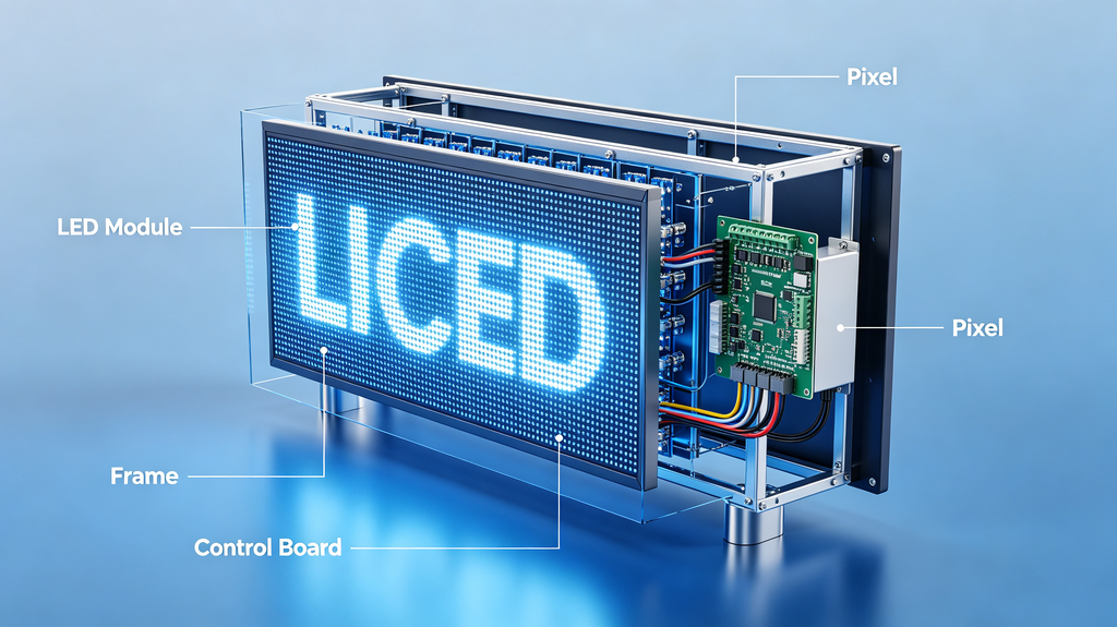 Cutaway view of LED lit signage showing LED modules, pixels, frame and control board