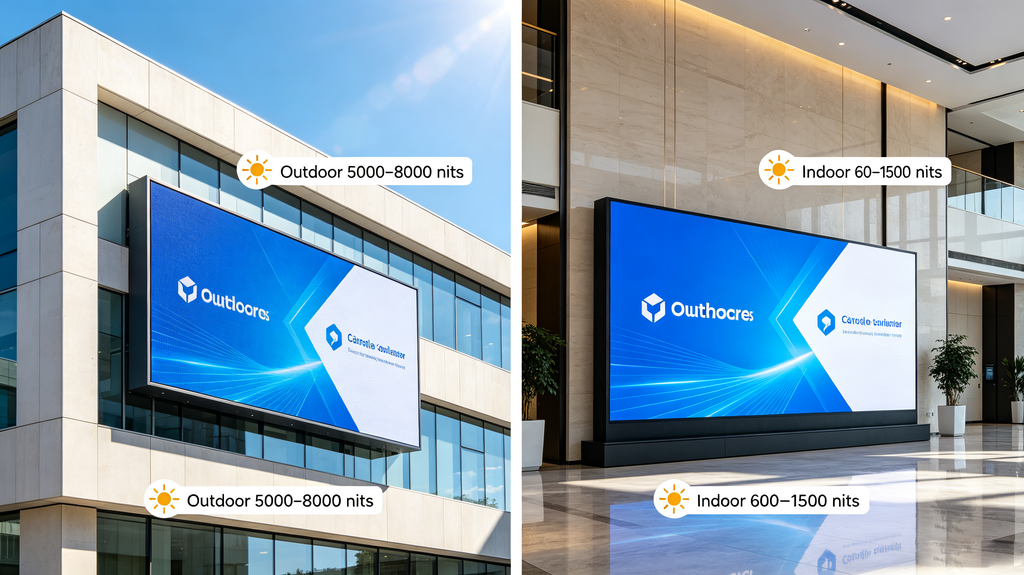 Indoor and outdoor LED lit signage compare brightness nits for daylight visibility