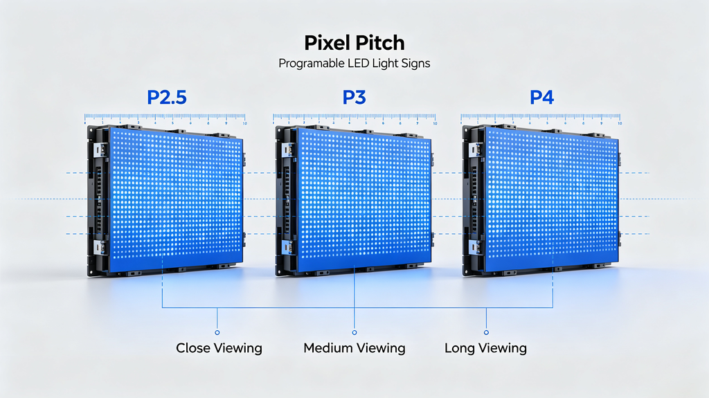 Programmable LED light sign pixel pitch diagram comparing P2.5, P3 and P4 for different viewing distances